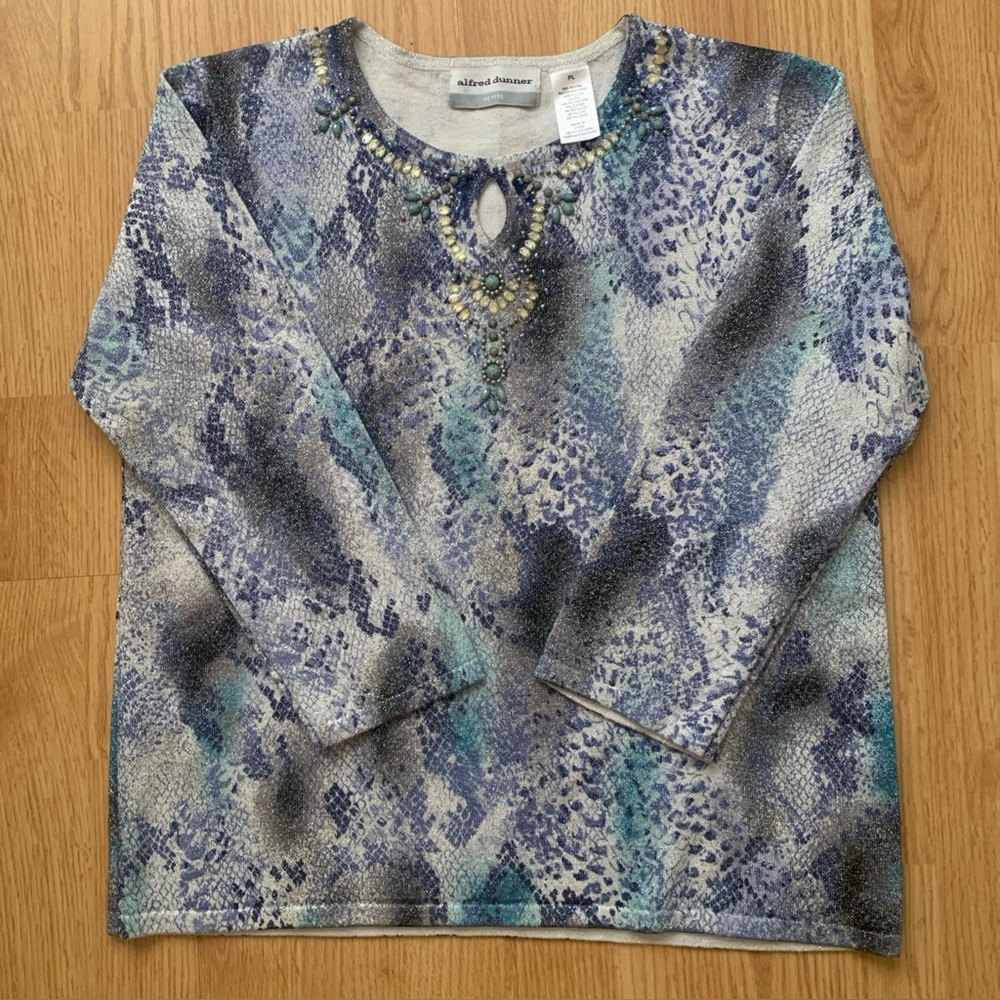 ALFRED DUNNER woman's size  PL  Blue White Embellish Beads Shimmer Stretch NWOT